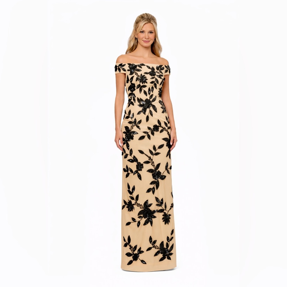 Adrianna Papell size 14 NWT Nude Black Beaded Off Shoulder Formal Evening Gown